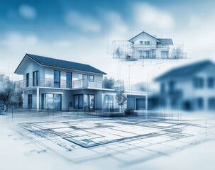 Creative architectural concept showing 2D drawings evolving into a 3D urban building