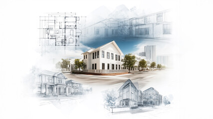 Creative architectural concept showing 2D drawings evolving into a 3D urban building
