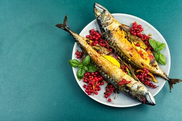Grilled fish, mackerel, barbeque.