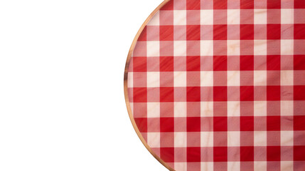 Classic red and white checkered tablecloth on round wooden tray, ideal for food mockups, on transparent background