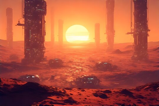 2250 Transparent Habitat War Zone on Mars &ndash; Cel-Shaded Sci-Fi Concept with Orbital Elevators and Triple Suns