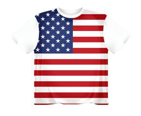 Patriotic graphic featuring a t-shirt design with American flag elements, ideal for apparel mockups on transparent background