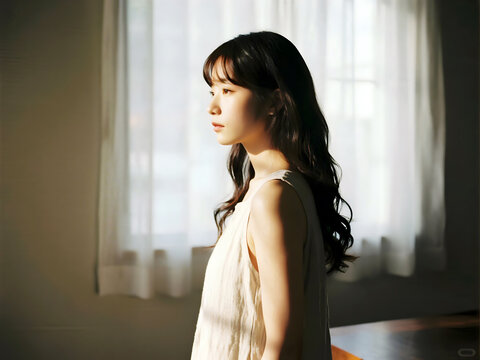 Calm Woman with Long Hair Standing by Window in Soft Natural Light Creating Peaceful and Reflective Mood Indoors
