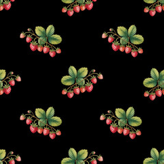 Seamless Pattern of Wild Strawberries with Green Leaves on Black Background