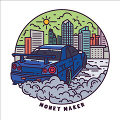 Blue Sports Car Drifting in City Street with Skyscraper Skyline and Smoke Illustration