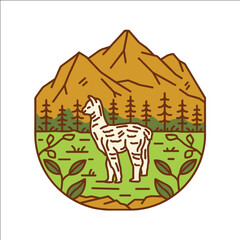 Cartoon Illustration of an Alpaca in a Mountain Landscape with Pine Trees and Green Meadow