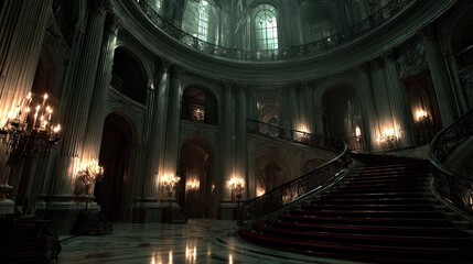 Grand, ornate, circular hall with grand staircase