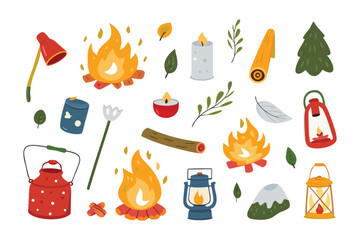 Camping Essentials: A collection of hand-drawn illustrations featuring various camping elements, perfectly captures the essence of outdoor adventures.