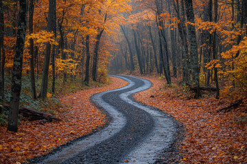 Obraz premium Winding road in woods with vibrant fall leaves.