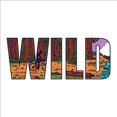 Creative Typography Illustration of the Word “WILD” Filled with Scenic Nature, Canyon, and Cycling Adventure
