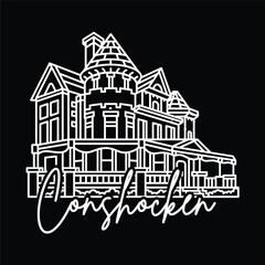 White Line Art Illustration of Victorian House with Conshohocken Text on Black Background