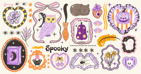 Halloween frame,Set of trendy Halloween elements Coquette style hand drawn cute ghosts, vintage mirror, witch hat, pumpkins with bows, potion bottles. Victorian gothic clipart. Vector illustrations