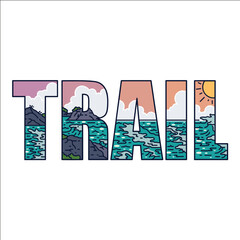Scenic Typography Illustration of the Word “TRAIL” Filled with Ocean, Mountains, and Sunset Landscape