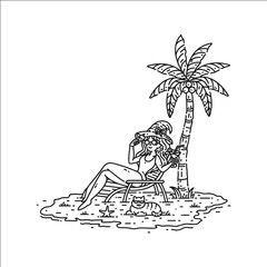 Black and White Illustration of a Woman Relaxing on a Tropical Beach Under a Palm Tree with a Drink
