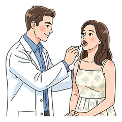 General practitioner conducting a throat examination on a female patient in a clinic.