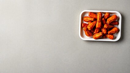buffalo wings spicy food flat lay top down concrete background copy space chicken wings white tray food styling
