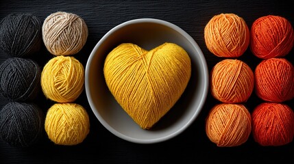 Multiple groups of colorful yarn balls (black, beige, yellow, orange, red, etc.), with a heart - shaped yellow yarn ball in a gray bowl at the center, placed on a black table, presenting a warm and cr