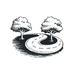 Curved road between two trees in a tranquil landscape setting