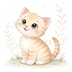 Obraz premium Whimsical Watercolor Baby Cat Illustration – Cream-Colored Kitten with Playful Expression on White Background, Perfect for Nursery Art or Children’s Wall Decor