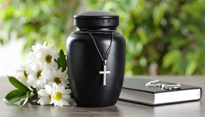A Remembrance: Urn, Flowers, and Cross