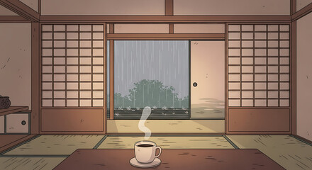 A steaming cup of coffee on a table in a tranquil Japanese room overlooking a rainy garden.