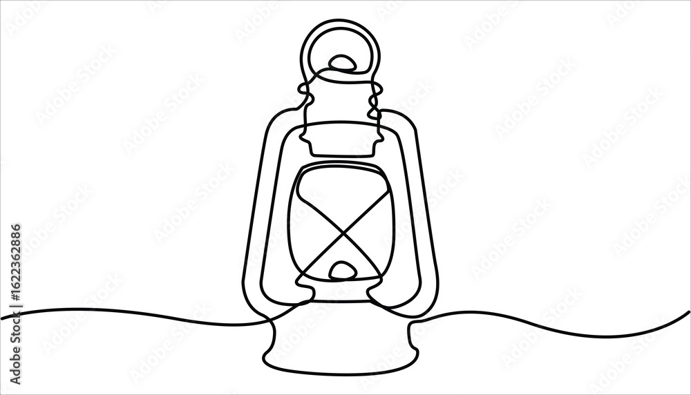 Poster abstract vintage kerosene lamp or lantern,continuous one line art hand drawing sketch, kerosene lant