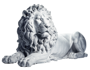 White marble lion statue, isolated on a pristine white background, displays exquisite craftsmanship, majestic posture, intricate details, and timeless elegance, making it a powerful symbol of strength