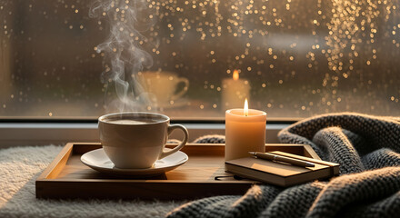 A steaming cup of coffee and a lit candle on a tray create a cozy scene by a rainy window.
