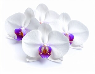Soft orchid blooms display delicate violet halos, glowing softly under gentle lighting. Their elegant petals radiate subtle beauty, creating a serene and graceful atmosphere. Isolated on a clean white