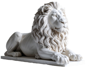 White marble lion statue, isolated on a pristine white background, displays exquisite craftsmanship, majestic posture, intricate details, and timeless elegance, making it a powerful symbol of strength