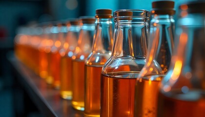 Glass bottle automatic production workshop, Collection of various glass bottles, Transparent glass bottles, various sizes, arranged in row with central gear, created with generative ai
