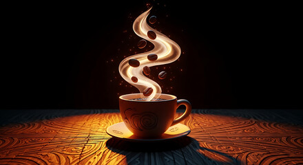 Aromatic steam with coffee beans rises from a warm cup on a wooden surface.