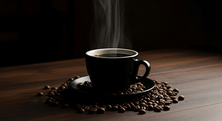 A steaming hot cup of black coffee sits on a saucer surrounded by coffee beans on a dark wooden table.