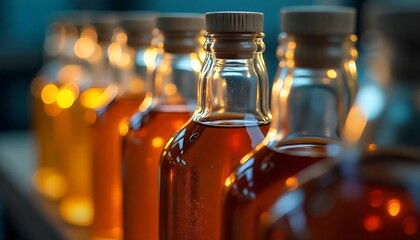 Glass bottle automatic production workshop, Collection of various glass bottles, Transparent glass bottles, various sizes, arranged in row with central gear, created with generative ai