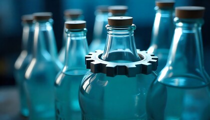 Glass bottle automatic production workshop, Collection of various glass bottles, Transparent glass bottles, various sizes, arranged in row with central gear, created with generative ai