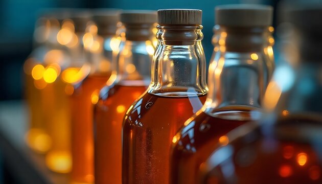 Glass bottle automatic production workshop, Collection of various glass bottles, Transparent glass bottles, various sizes, arranged in row with central gear, created with generative ai