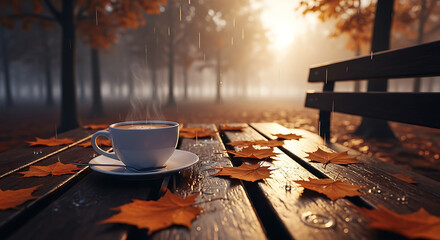 A warm cup of coffee rests on a wet park bench surrounded by fallen autumn leaves during a gentle rain.