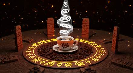 A mystical coffee ritual with a steaming cup on an altar surrounded by glowing ancient runes.