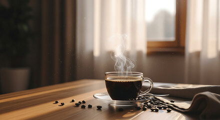 A steaming glass cup of hot black coffee on a sunlit wooden table with scattered beans.