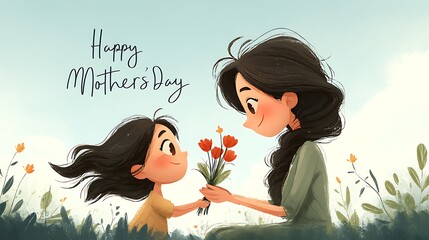 chibi-style vector image showing a child clinging to her mother's waist as the mother smiles down affectionately, framed by warm natural colors and a clearly written Happy Mothers Day text 