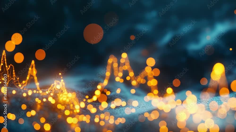 Poster golden particles flowing and glowing, creating a wave pattern