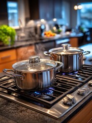 Two stainless steel pots on a gas stove