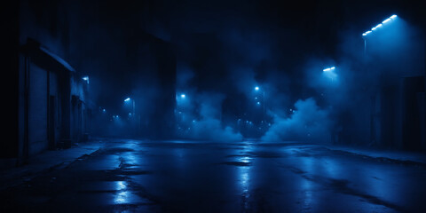 erie Urban Alley Illuminated by Blue Lights in a Mysterious Night Atmosphere