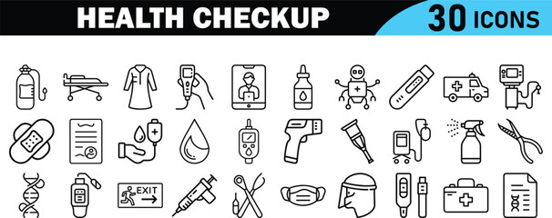 Health checkup icon set. Thin line editable stroke icons bundle. Contains such icons as hospital, doctor, nurse, stethoscope, instruments, organs, tests, viruses, lung, eye, hearing, kidneys and more 