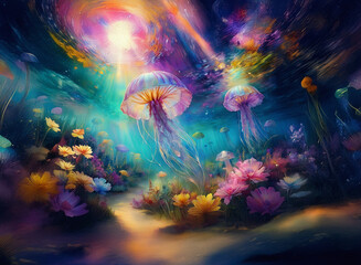 Dreamy background with jellyfish-like forms floating above vibrant flowers and plants.  The scene is bathed in colorful light, creating a magical and ethereal atmosphere.