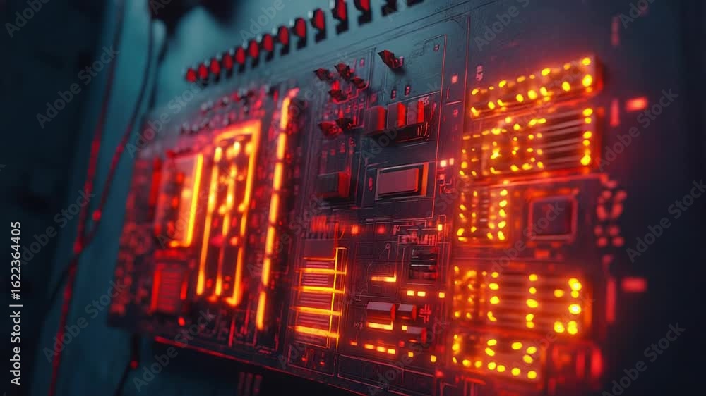 Poster futuristic circuit board showing glowing numbers and components