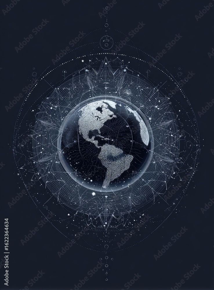 Aufkleber dark background, globe centered with radiating, data-like lines and symbols, creating a mystical, in