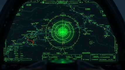 Futuristic cockpit display showing radar and navigation data with green graphics and maps - Powered by Adobe