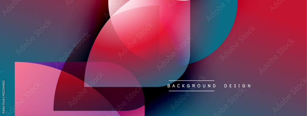 Poster abstract colorful shapes overlap creating dynamic visual effect. gradient hues blend, forming modern