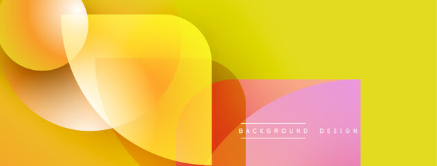 Abstract yellow background features overlapping shapes. Gradient colors create dynamic visual effect. Minimalist design includes text elements.